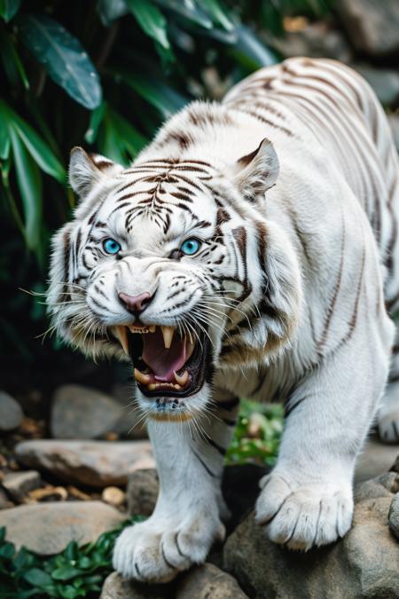 07841-1904155969-close-up of a roaring white tiger with black stripes, open mouth showing sharp teeth, intense blue eyes, green foliage and rocks.png